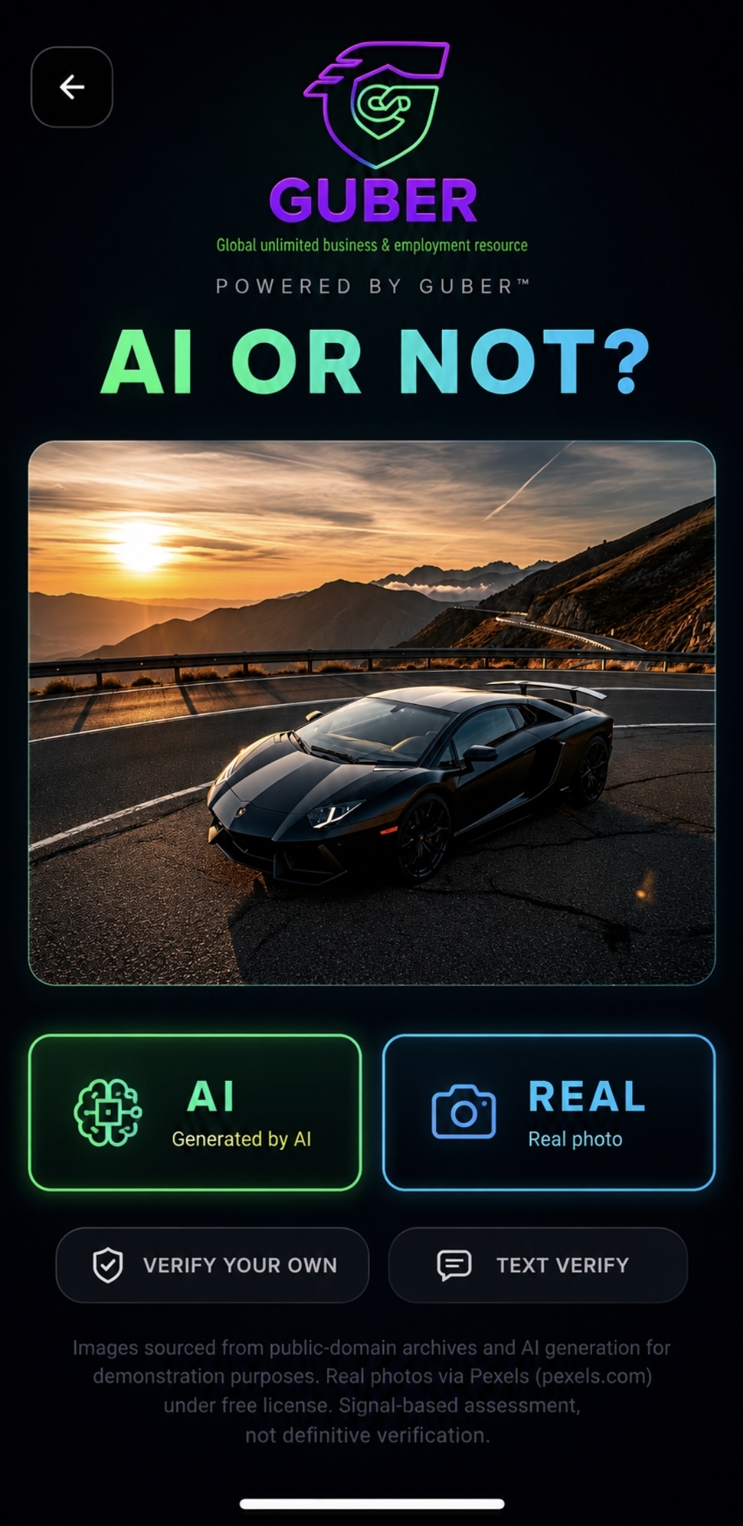 GUBER AI or Not detection screen