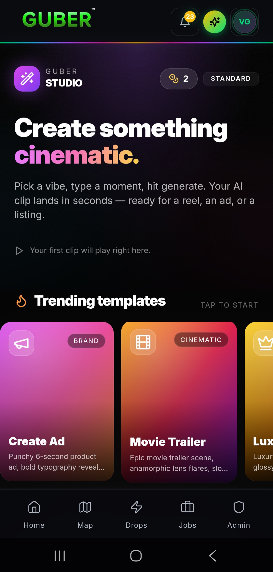 GUBER Studio AI cinematic clip generator